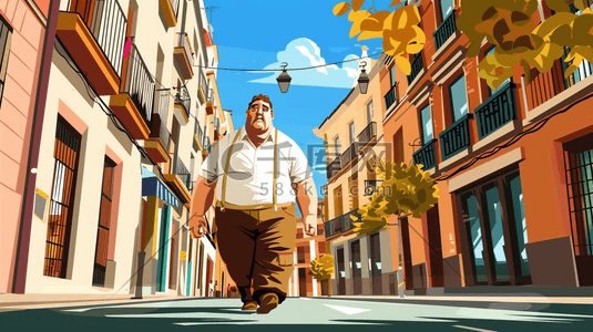 超级胖子插画图片_山城街道上行走的胖子插画