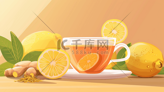加冰柠檬茶插画图片_黄色场景桌面柠檬姜茶的插画