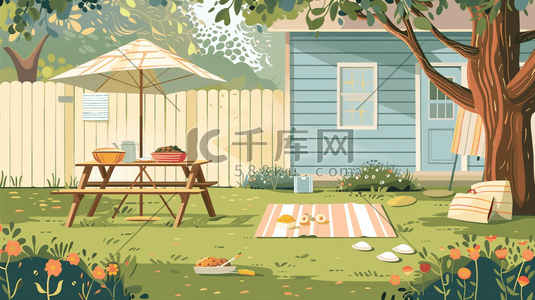 唯美庭院树木草坪桌椅房屋的插画