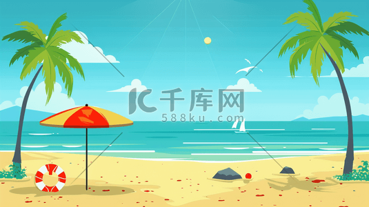 海边椰子树沙滩插画图片_夏日海边沙滩上的躺椅和遮阳伞插画