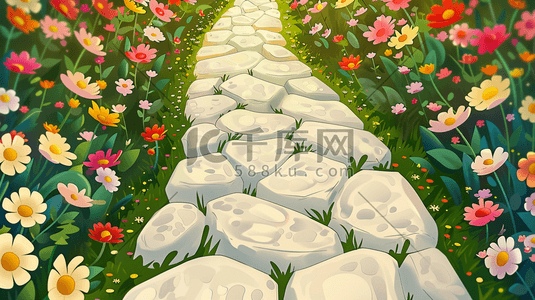 公园里石子道路旁花草花丛的插画