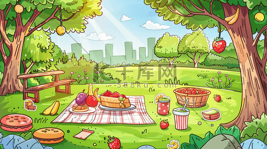 森林公园里野餐的人们插画