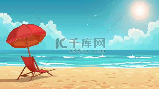 夏日海滩沙滩插画图片_夏日海边沙滩上的躺椅和遮阳伞插画