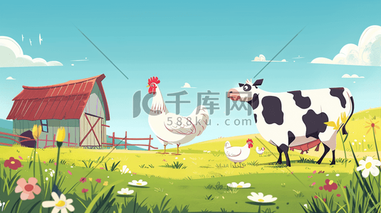 草坪平面装饰插画图片_彩色缤纷卡通木屋农场公鸡草坪的插画