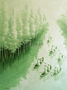 户外风景区绿色树木河面上小船船队的插画
