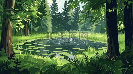 草地溪水自然插画图片_森林里的小水潭插画