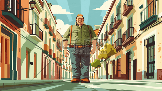 高大上的插画图片_山城街道上行走的胖子插画