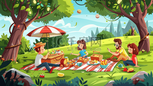 家长陪读插画图片_森林公园里野餐的人们插画