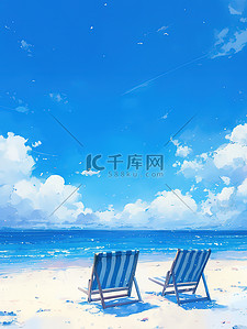 蓝色度假插画图片_蓝色海洋的海滩休闲度假插画设计