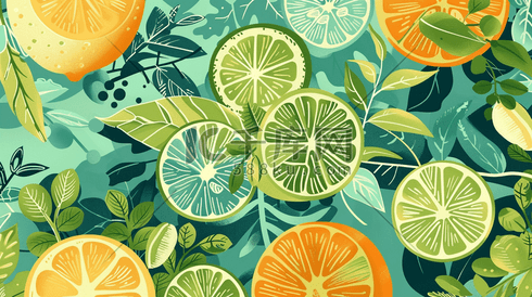 手绘绘画绿色水果柠檬的插画