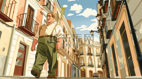 山城街道上行走的胖子插画