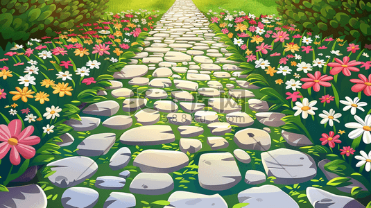 公园里石子道路旁花草花丛的插画