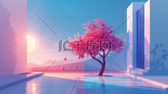 别墅夜间插画图片_唯美别墅内场景泳池绿植的插画