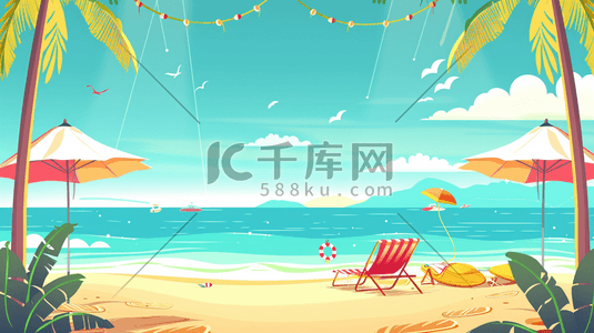 夏日海滩沙滩插画图片_夏日海边沙滩上的躺椅和遮阳伞插画