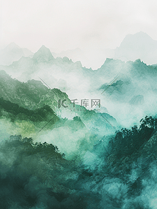 山手绘风景插画图片_绿色梦幻朦胧山色山景风景的插画