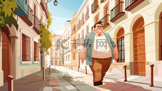 行走小狗插画图片_山城街道上行走的胖子插画