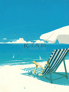 蓝色蓝色海洋插画图片_蓝色海洋的海滩休闲度假插画