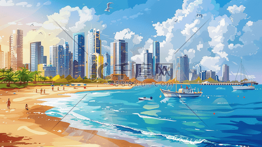 唯美沿海插画图片_唯美手绘城市沿海建筑沙滩帆船的插画