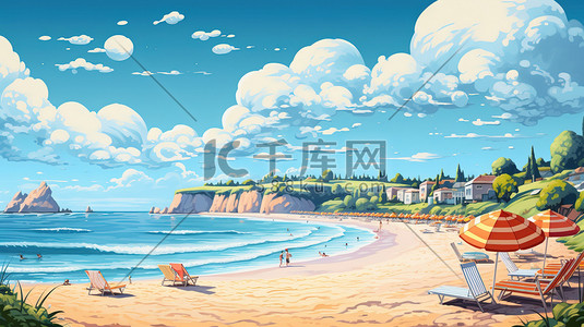休闲海报插画图片_海滩上阳光明媚的一天插画海报