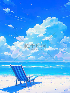 蓝色蓝色海洋插画图片_蓝色海洋的海滩休闲度假插图
