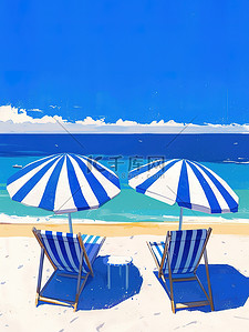 蓝色蓝色海洋插画图片_蓝色海洋的海滩休闲度假插图