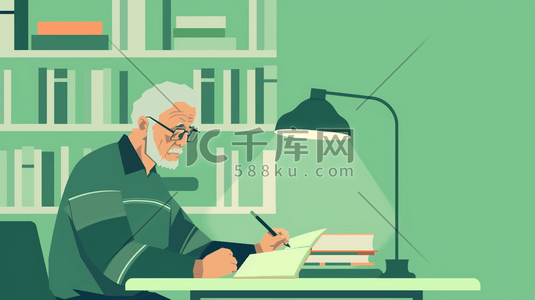 书台灯插画图片_书房工作桌旁看书的中老年人插画