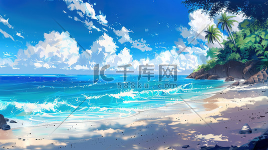 动漫海滩大海夏天风光插画