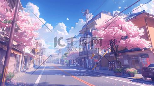 樱花盛开的日本城市街道插画