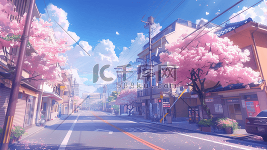 日本迎客松插画图片_樱花盛开的日本城市街道插画