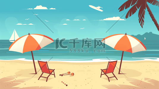 海边椰子树沙滩插画图片_夏日海边沙滩上的躺椅和遮阳伞插画