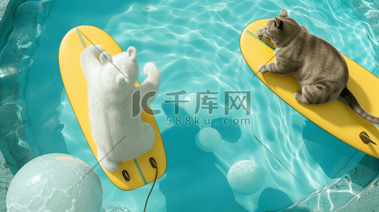 冰雕北极熊高清插画图片_游泳池冲浪板上的北极熊和猫咪图片