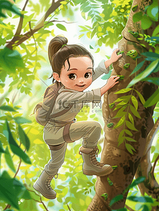 户外森林插画图片_卡通女孩户外森林树木爬树的插画