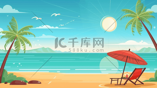 夏日海滩沙滩插画图片_夏日海边沙滩上的躺椅和遮阳伞插画