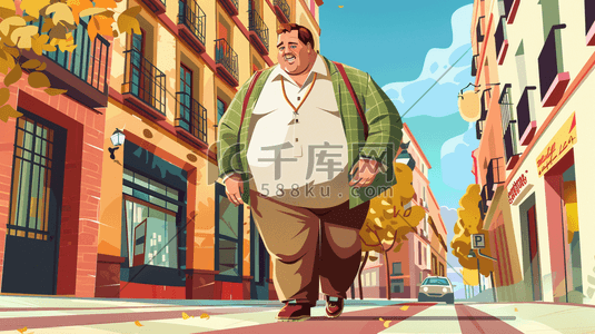 胖子大吃特吃插画图片_山城街道上行走的胖子插画