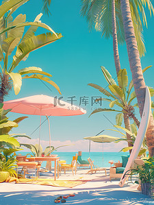 矢量海浪插画图片_海滩椰子树和长椅矢量插画