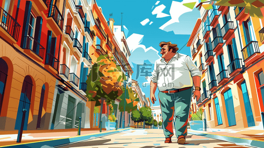 山城街道上行走的胖子插画