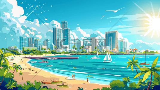 新年建筑场景插画图片_唯美手绘城市沿海建筑沙滩帆船的插画