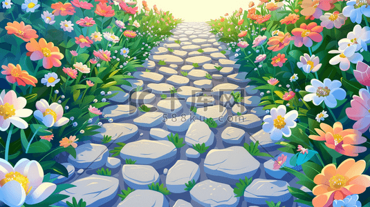 公园花草插画图片_公园里石子道路旁花草花丛的插画