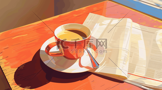 彩色唯美桌面上咖啡杯咖啡的插画