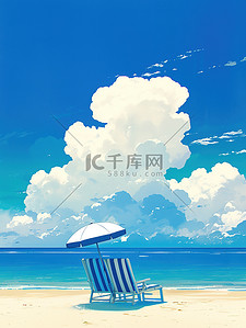 蓝色度假插画图片_蓝色海洋的海滩休闲度假插画图片