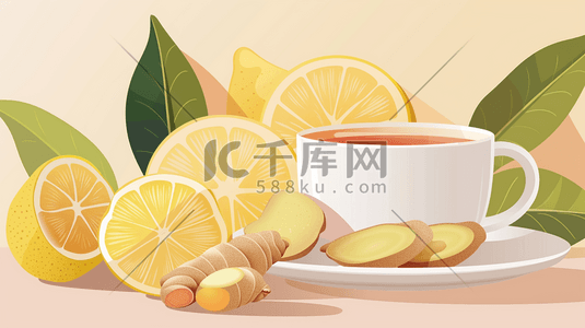 黄色场景桌面柠檬姜茶的插画