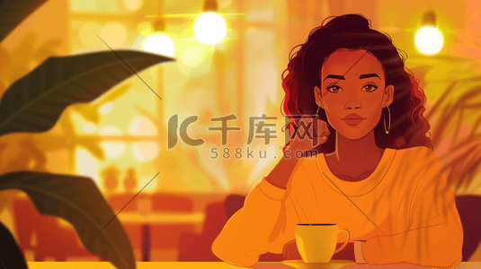 下午茶热饮插画图片_咖啡厅里独自喝咖啡的年轻女生图片