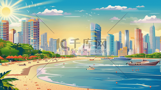 手绘城市插画图片_唯美手绘城市沿海建筑沙滩帆船的插画