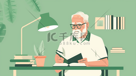资料提交插画图片_书房工作桌旁看书的中老年人插画
