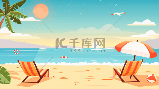 夏季遮阳伞插画图片_夏日海边沙滩上的躺椅和遮阳伞插画