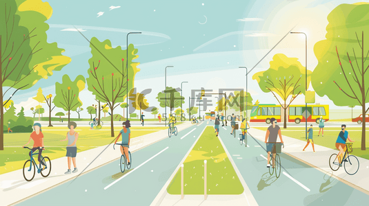 千库绿色插画图片_春天绿色唯美街道人们骑自行车的插画