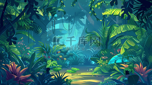 热带雨林简单插画图片_热带丛林场景插画