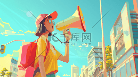花色喇叭插画图片_城市道路上青年手拿喇叭大喊的插画