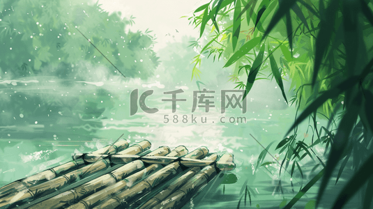 江河上一片竹筏插画