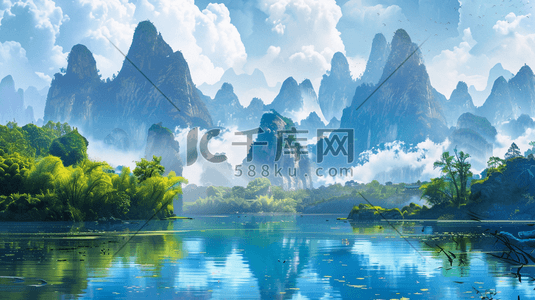 西南高山插画图片_高山河流树木风景插画